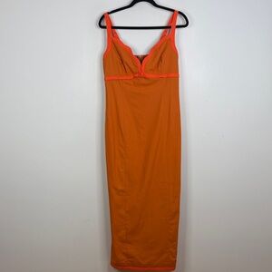 New Commense Dress Womens Large Orange Linen Cotton Long Maxi Slit Scallop Neck